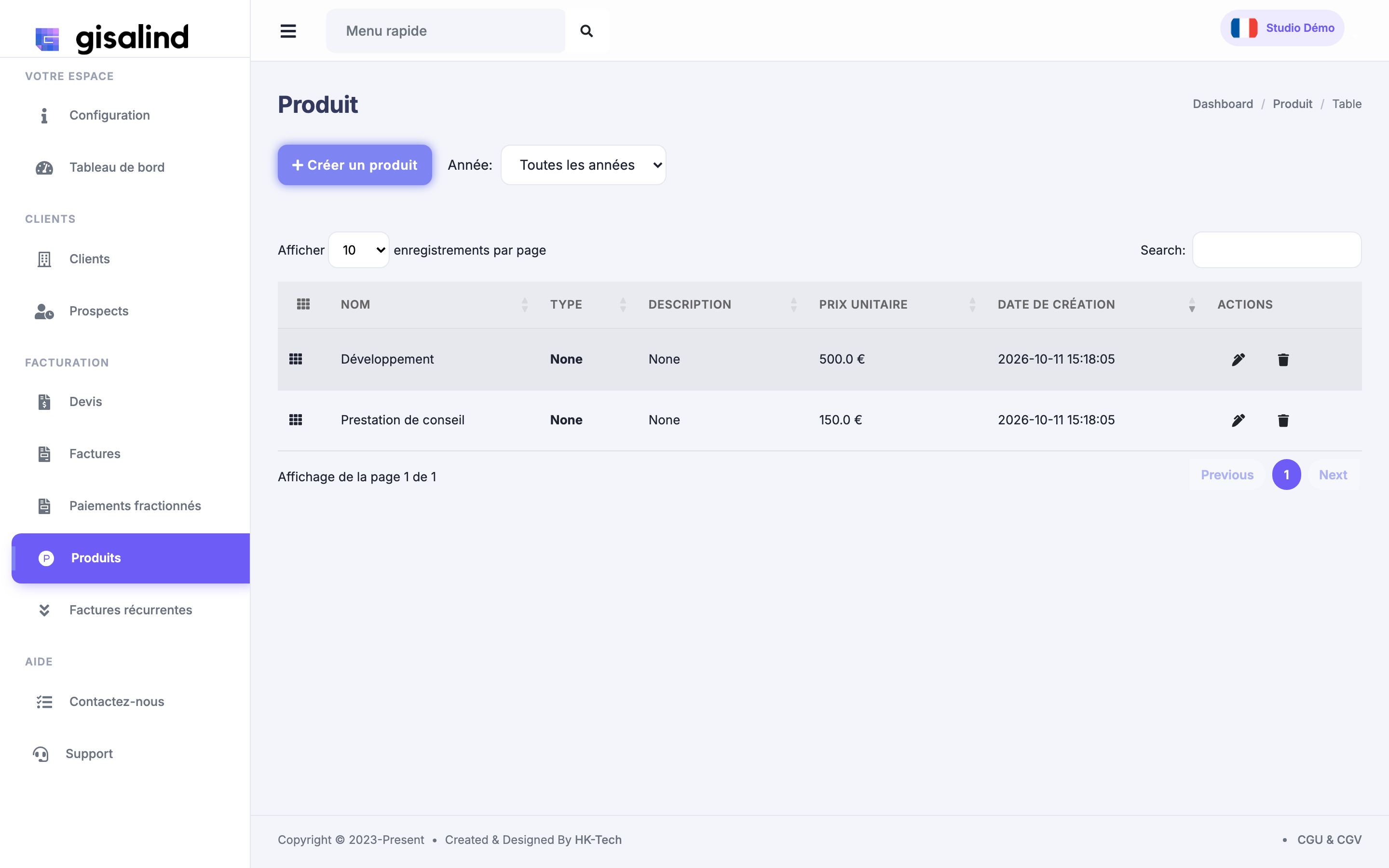 Catalogue produits et services dans Gisalind
